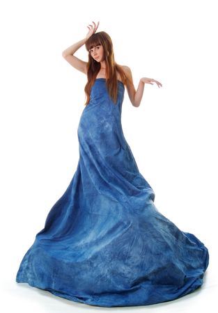 Elegance glamour woman in blue dress on white backgroundの写真素材