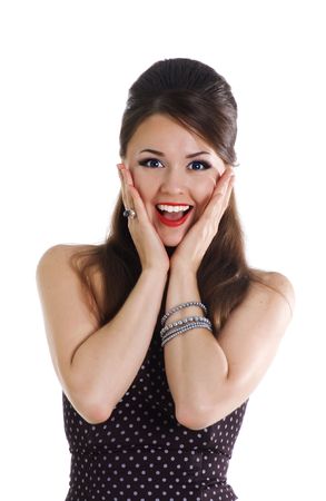 Astonishment girl in retro dress on a white backgroundの写真素材