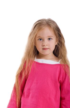 Cute little girl with long hair on a white background close-upの写真素材