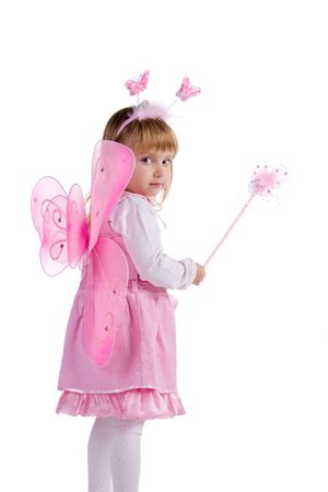 Little girl in fairy costume on white backgroundの写真素材