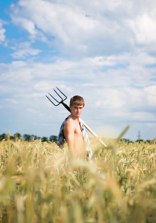 A man standing in field of wheatの写真素材