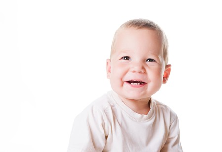 Cute little boy close-up on white background の写真素材