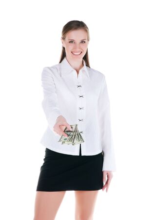 Smiling young women with the moneyの写真素材