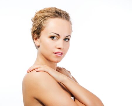 Beauty and freshness of the young female face - white backgroundの写真素材
