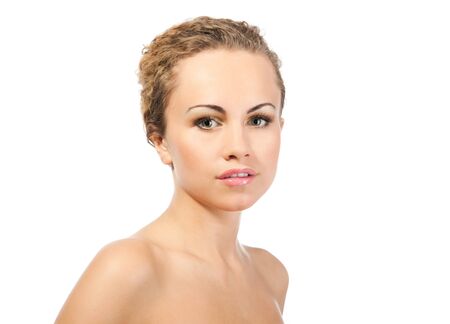 Close-up portrait of sexy caucasian young woman with beautiful blue eyesの写真素材