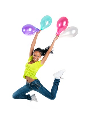 Cute jumping girl isolated on white backgroundの写真素材