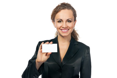 businesswoman in black suit holding blank empty sign. white backgroundの写真素材