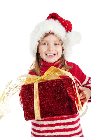 Cute girl with a xmas gift. Isolated on witeの写真素材