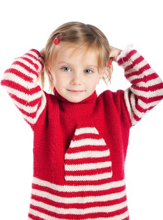 Little girl on striped sweater isolated om whiteの写真素材