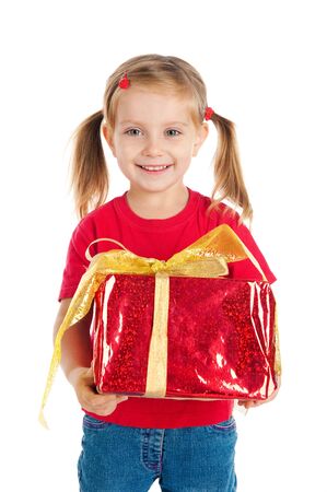 Four years old girl wih the presentの写真素材