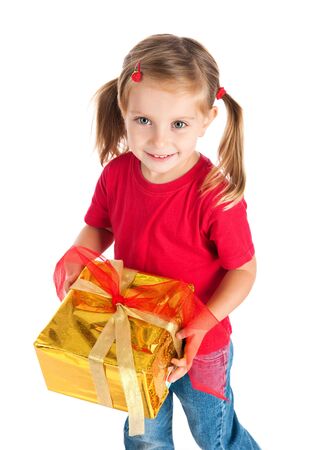 Four years old girl wih the presentの写真素材