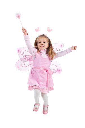 Little girl in fairy costume on white backgroundの写真素材