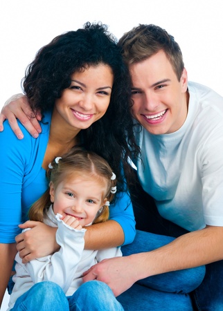 Happy family isolated on a white backgroundの写真素材