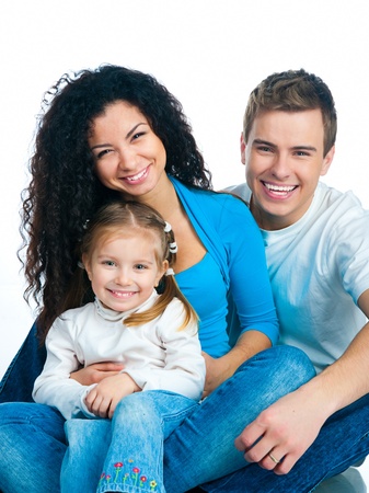 Happy family isolated on a white backgroundの写真素材