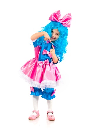Little girl  with blue hair  on white backgroundの写真素材