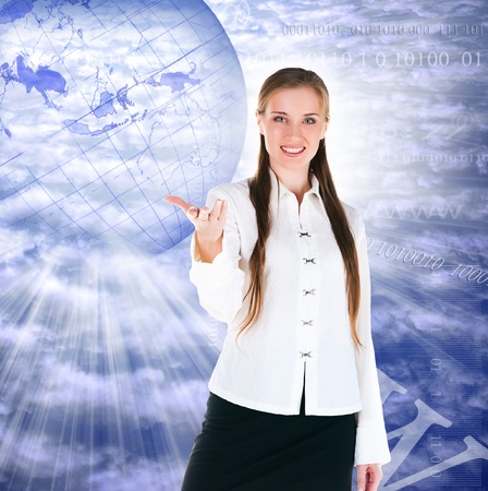 businesswoman on a background a planet internet conceptの写真素材