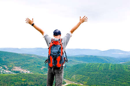 happy man on the mountainの写真素材