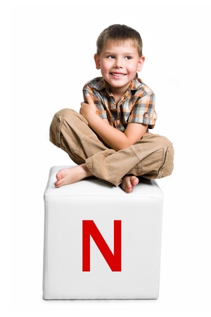 little kid on the block with letterの写真素材