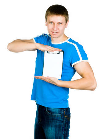Young men show blank over white backgroundの写真素材