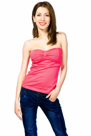 Young woman with a beautiful hair on white backgroundの写真素材