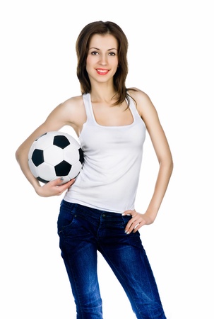 young adult woman with ball. over white backgroundの写真素材