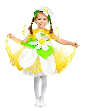 Little girl in camomile costume on white backgroundの写真素材