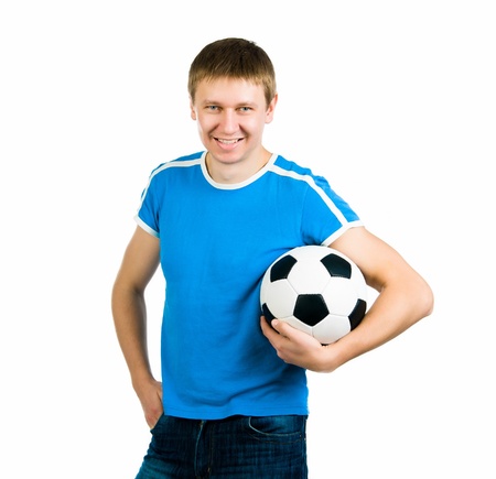 Young men with the ball over white backgrounfの写真素材