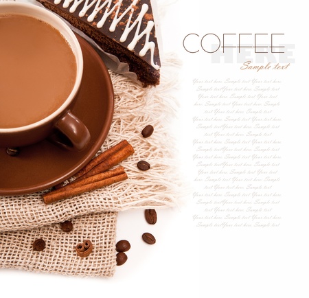 Ceramic cup of coffee with cinnamon on whiteの写真素材