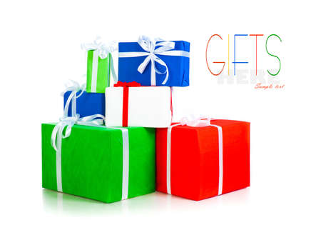 colorful gift boxes over white backgroundの写真素材