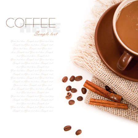 Ceramic cup of coffee with cinnamon on whiteの写真素材