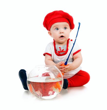 Cute little baby fishing  on white backgroundの写真素材