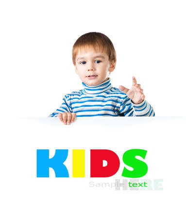 Cute little boy ower a white backgroundの写真素材