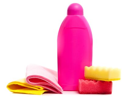 cleaning supplies and gloves isolated on white backgroundの写真素材