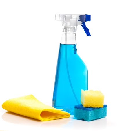 cleaning supplies and gloves isolated on white backgroundの写真素材
