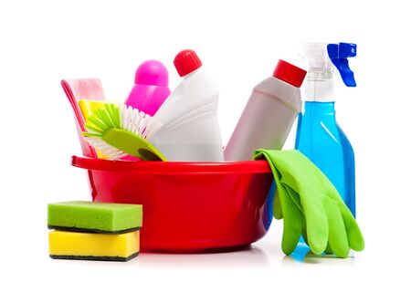 full box of cleaning supplies and gloves isolated on whiteの写真素材