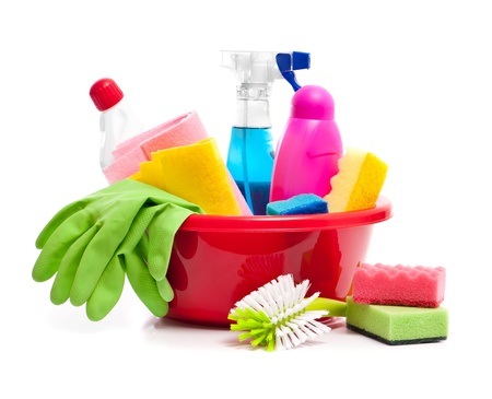 full box of cleaning supplies and gloves isolated on whiteの写真素材