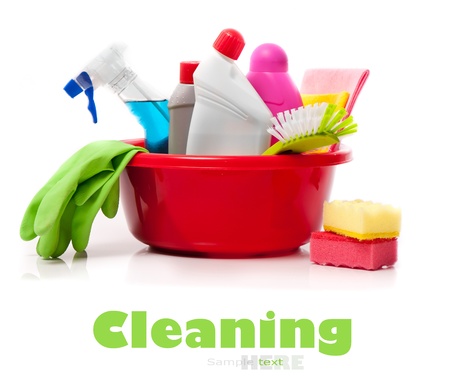 full box of cleaning supplies and gloves isolated on whiteの写真素材