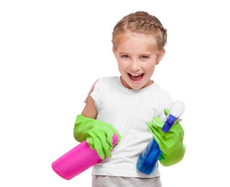 Little girl cleaning  isolated on white backgroundの写真素材
