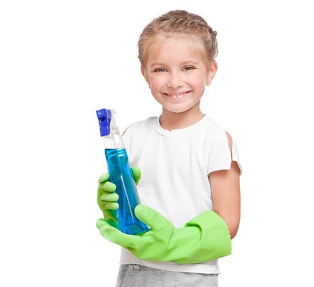 Little girl cleaning  isolated on white backgroundの写真素材