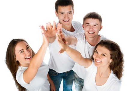 young people smiling over white backgroundの写真素材