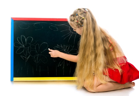 cute little girl with a board  white backgroundの写真素材