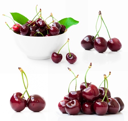 set photos of a red cherries on a white backgroundの写真素材