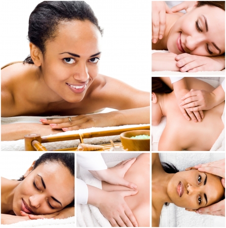 Pretty young women relaxing in the spa salon  collageの写真素材