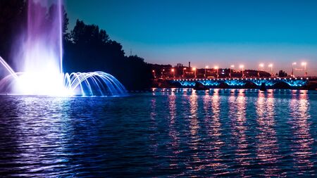 Musical fountain with colorful illuminations at night  Ukraine, Vinnitsaの写真素材