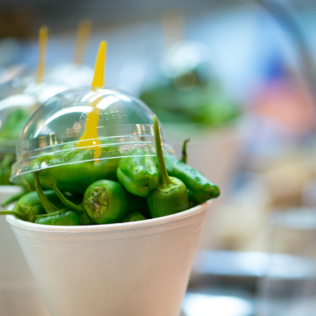 Green peppers at the Boqueria market  Barcelona  Spainの写真素材