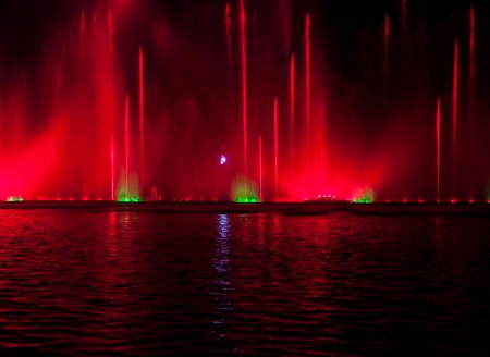 Musical fountain with colorful illuminations at night  Ukraine, Vinnitsaの写真素材