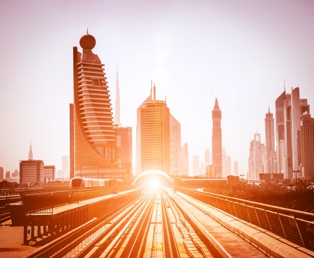 Dubai Metro  Evening view of the city  UAE