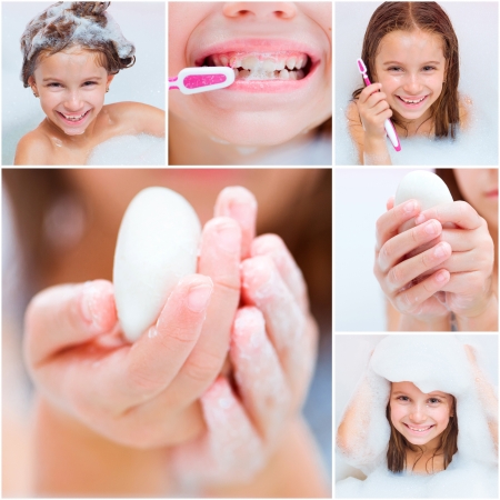collage of photos in which a girl takes a bath, washes his hands and brushes his teethの写真素材