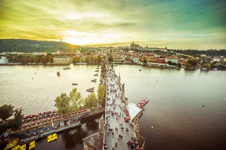 night aerial view of Prague castle and Charles Bridge over Vltava river in Prague, Czech Republic. Prague, Czech Republicの写真素材