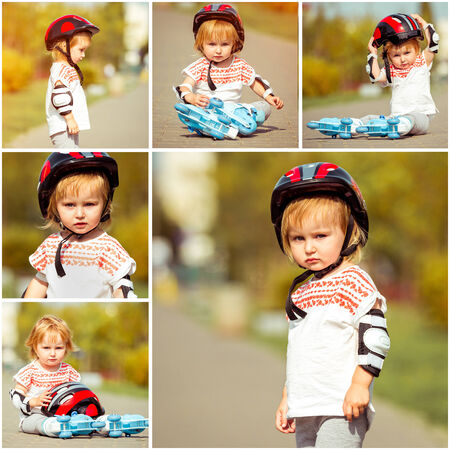 two year old pretty girl in roller skates and a helmet on the street. collage of photosの写真素材